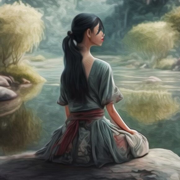 8x10 Lady Meditating on a‎ Rock Fantasy Art Oil Painting Print - Picture 3 of 6